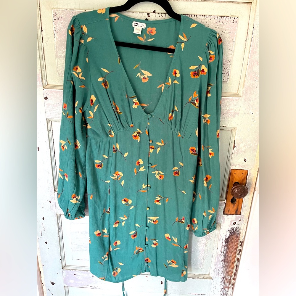 BILLABONG large summer mini dress coverup Deep V neck teal green floral